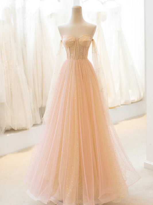 Hermoso vestido de fiesta largo de tul, vestido de noche sin tirantes, corte A, TP419
