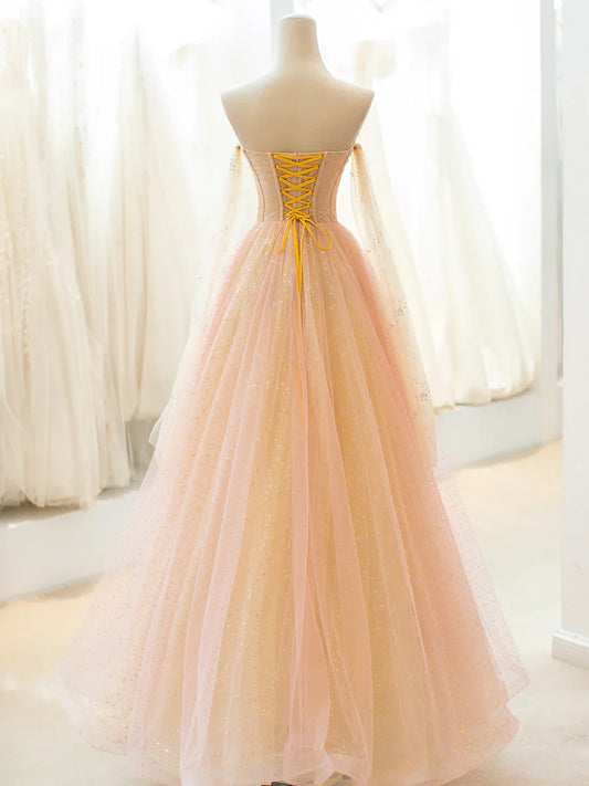 Hermoso vestido de fiesta largo de tul, vestido de noche sin tirantes, corte A, TP419
