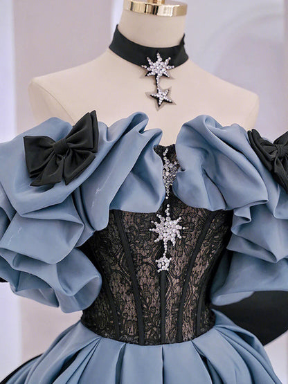 Vestido de fiesta largo de satén azul con encaje y hombros descubiertos TP420