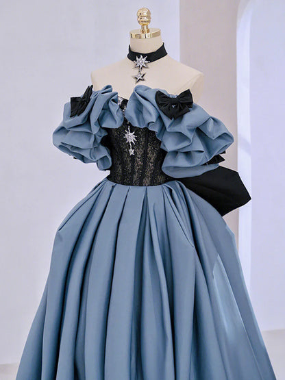 Vestido de fiesta largo de satén azul con encaje y hombros descubiertos TP420