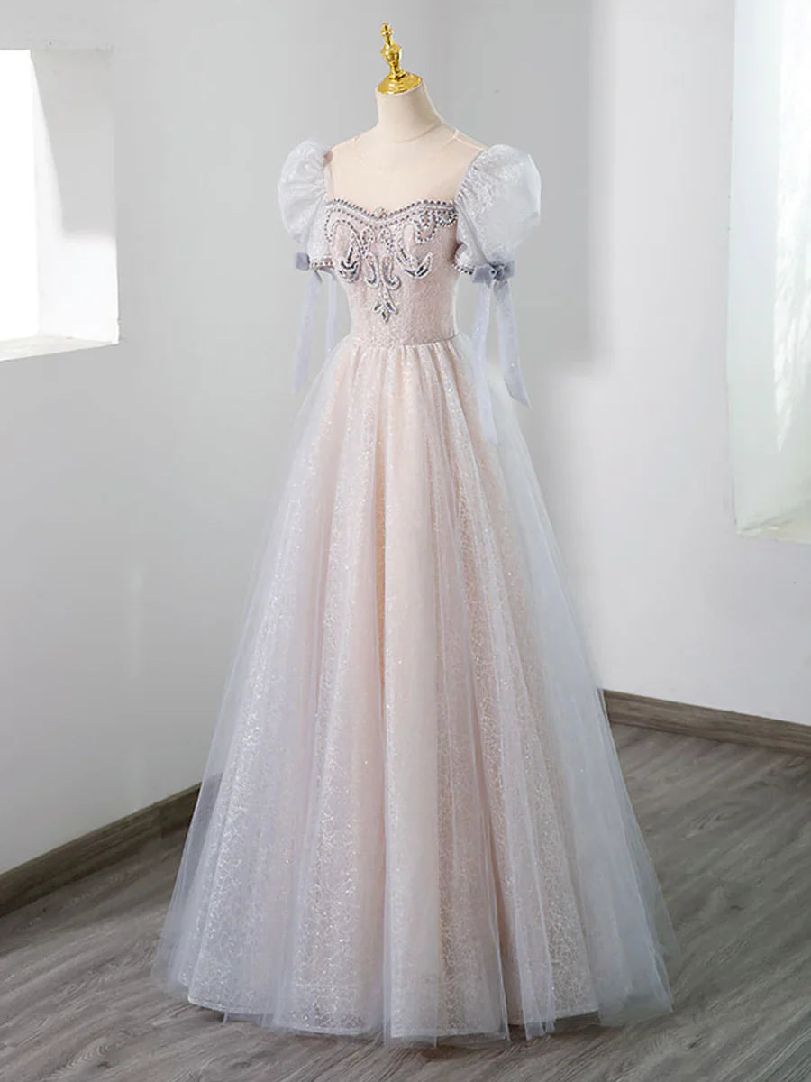 Hermoso vestido de fiesta largo de tul con cuentas, corte A, manga corta, TP429