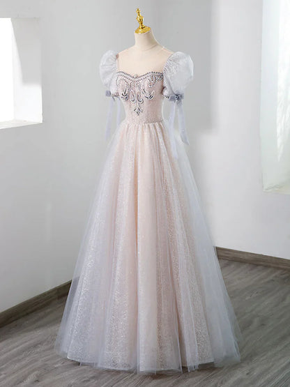 Hermoso vestido de fiesta largo de tul con cuentas, corte A, manga corta, TP429