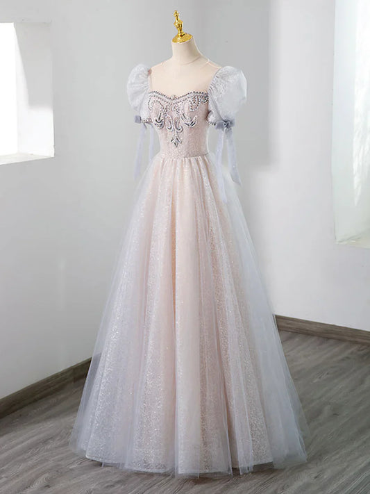 Hermoso vestido de fiesta largo de tul con cuentas, corte A, manga corta, TP429