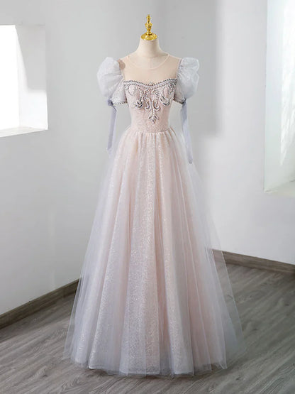 Hermoso vestido de fiesta largo de tul con cuentas, corte A, manga corta, TP429