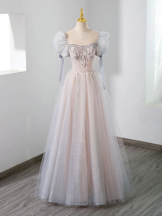 Hermoso vestido de fiesta largo de tul con cuentas, corte A, manga corta, TP429