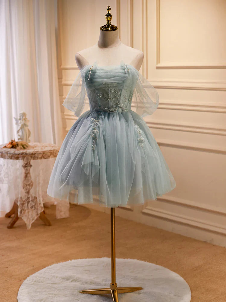 Green Tulle Beaded Short Prom Dress, Cute Off Shoulder Homecoming Dress TP431