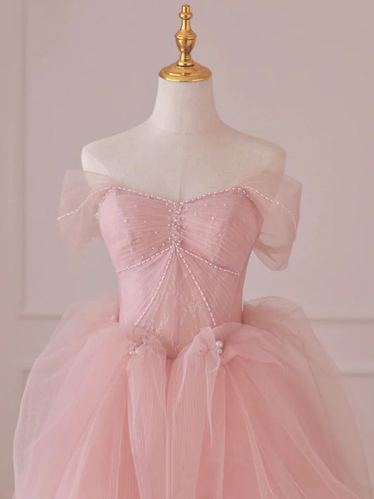 Pink Tulle Lace Long Prom Dress, Off the Shoulder Evening Dress TP432