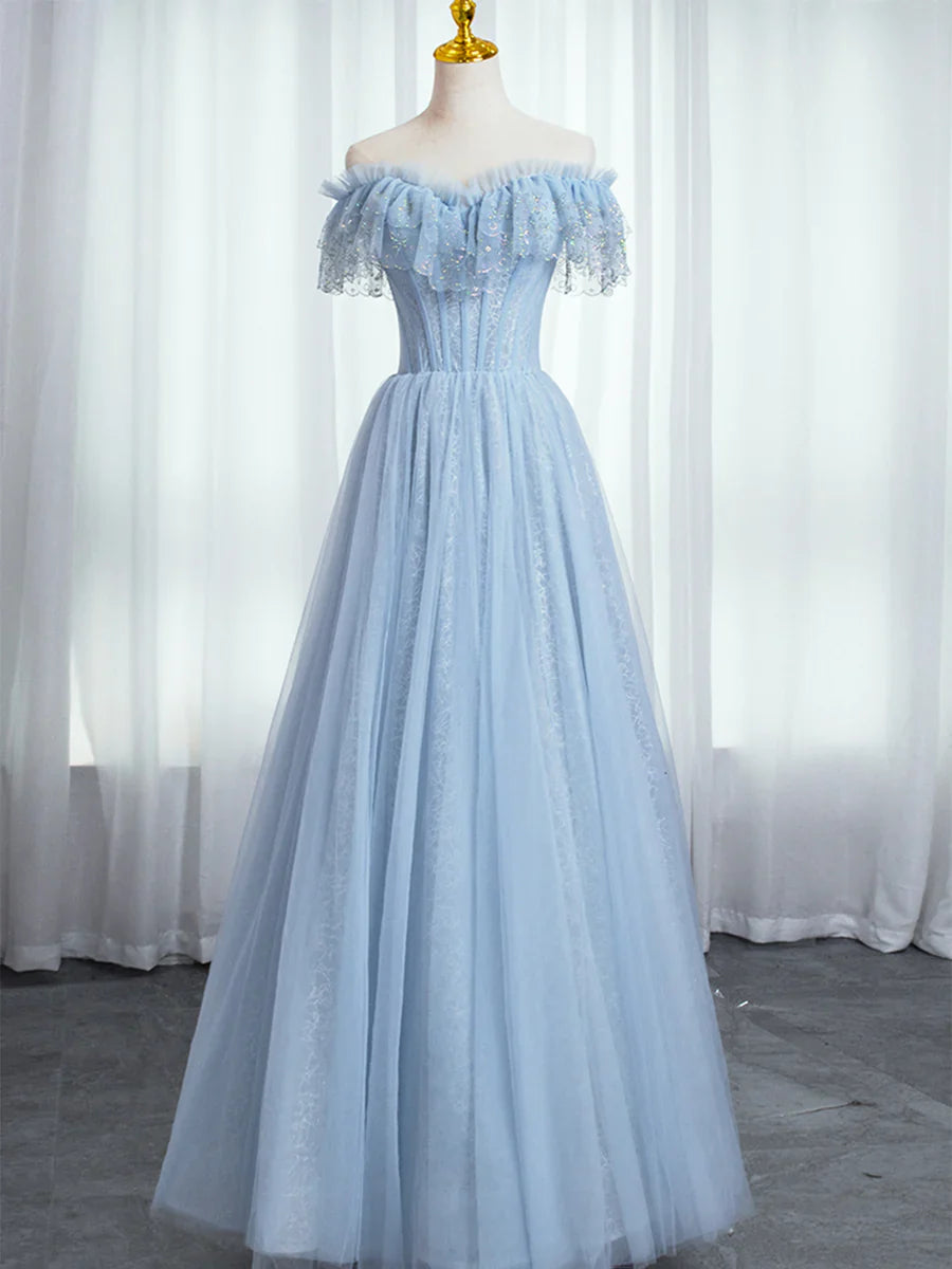 Vestido de fiesta azul con escote en forma de corazón y cuentas, hombros descubiertos, vestido de noche azul de corte A TP437