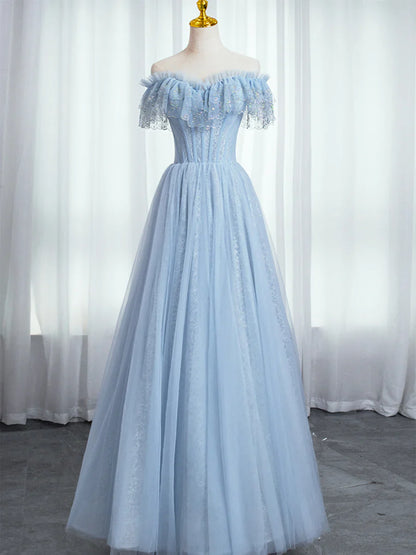 Vestido de fiesta azul con escote en forma de corazón y cuentas, hombros descubiertos, vestido de noche azul de corte A TP437