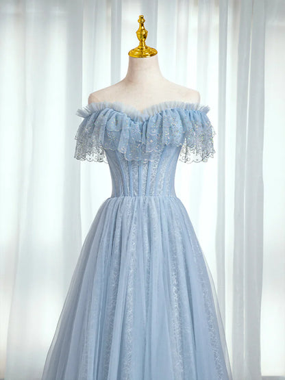 Vestido de fiesta azul con escote en forma de corazón y cuentas, hombros descubiertos, vestido de noche azul de corte A TP437