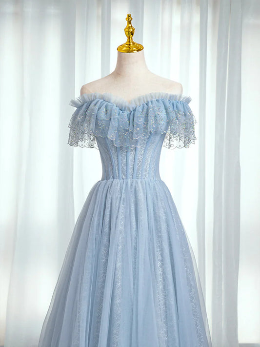 Blue Sweetheart Beaded Off the Shoulder Prom Dress, A-Line Blue Evening Dress TP437