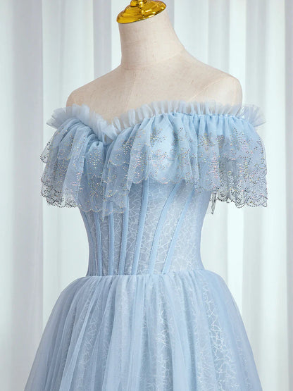 Vestido de fiesta azul con escote en forma de corazón y cuentas, hombros descubiertos, vestido de noche azul de corte A TP437