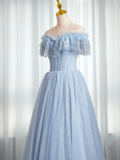 Vestido de fiesta azul con escote en forma de corazón y cuentas, hombros descubiertos, vestido de noche azul de corte A TP437