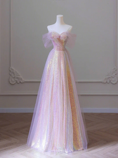 Vestido de fiesta largo de tul brillante con lentejuelas, corte A, hombros descubiertos, TP438