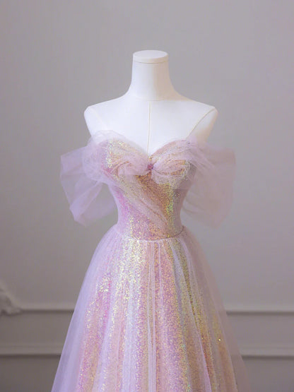 Vestido de fiesta largo de tul brillante con lentejuelas, corte A, hombros descubiertos, TP438