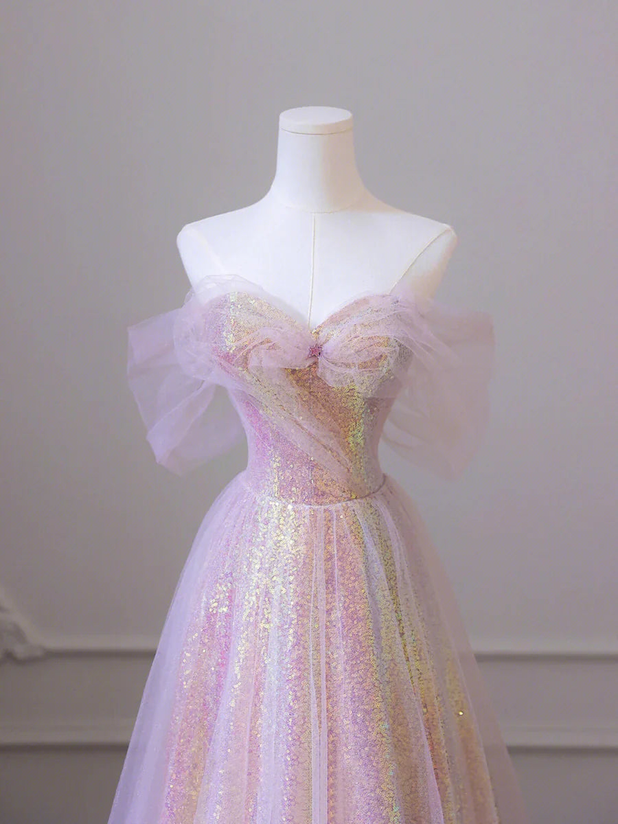 Vestido de fiesta largo de tul brillante con lentejuelas, corte A, hombros descubiertos, TP438