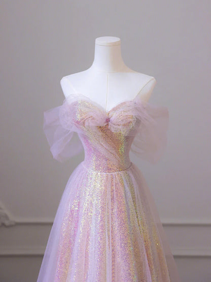 Vestido de fiesta largo de tul brillante con lentejuelas, corte A, hombros descubiertos, TP438