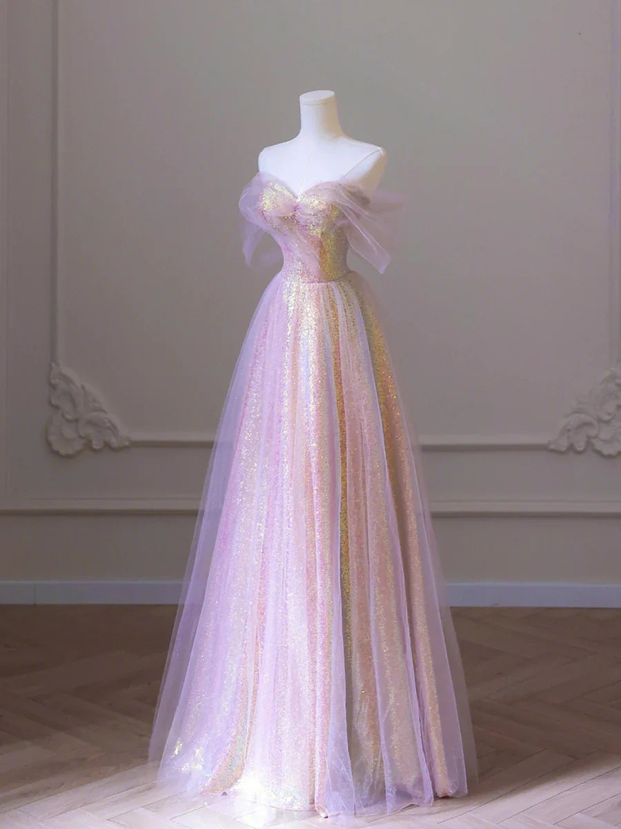Vestido de fiesta largo de tul brillante con lentejuelas, corte A, hombros descubiertos, TP438