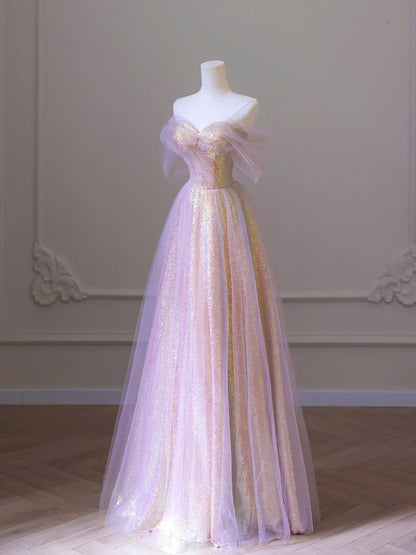 Vestido de fiesta largo de tul brillante con lentejuelas, corte A, hombros descubiertos, TP438