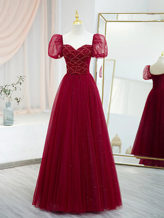 Vestido de fiesta largo de tul burdeos con cuentas, corte A, manga corta, TP440