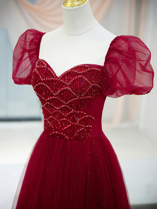 Vestido de fiesta largo de tul burdeos con cuentas, corte A, manga corta, TP440