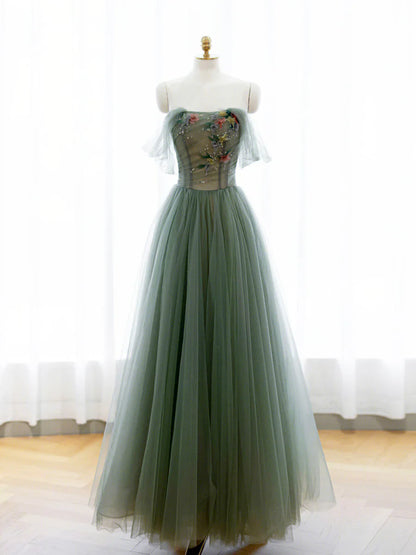 Vestido de fiesta largo de tul verde con corte en A y hombros descubiertos TP443