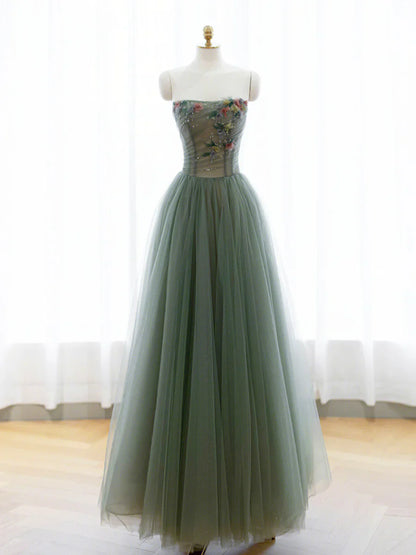 Vestido de fiesta largo de tul verde con corte en A y hombros descubiertos TP443