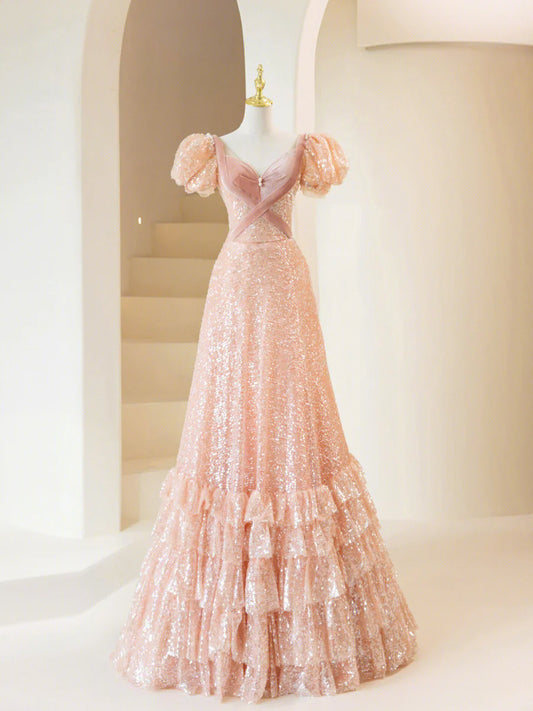 Vestido largo de fiesta con lentejuelas rosas, precioso vestido de noche de corte A y manga corta TP445
