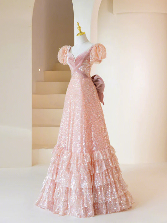 Vestido largo de fiesta con lentejuelas rosas, precioso vestido de noche de corte A y manga corta TP445