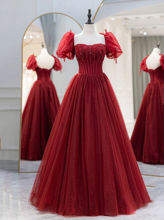 Vestido de fiesta largo de tul burdeos con cuentas, corte A, manga corta, TP446