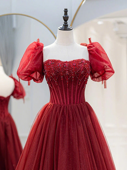 Burgundy Tulle Beaded Long Prom Dress, A-Line Short Sleeve Evening Dress TP446