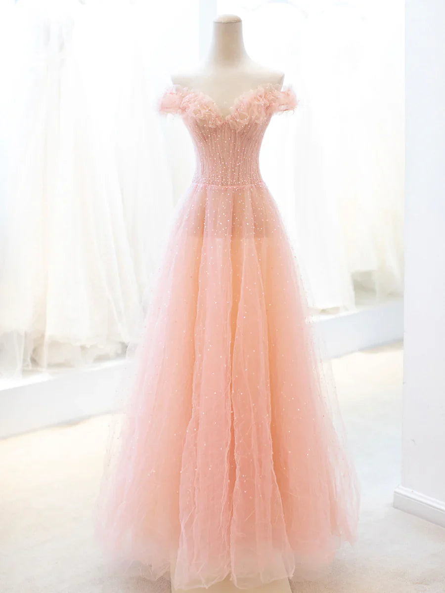 Vestido de fiesta largo de tul rosa con lentejuelas, corte A, precioso vestido de noche TP447