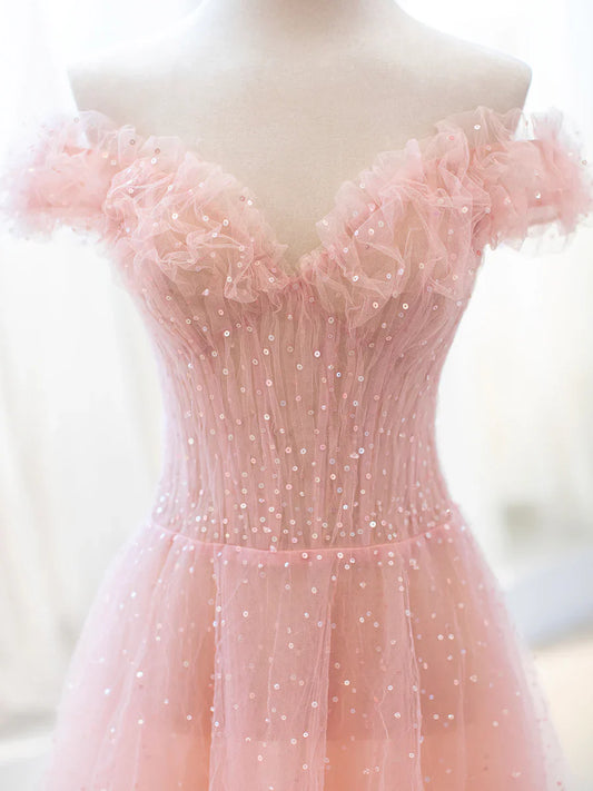Vestido de fiesta largo de tul rosa con lentejuelas, corte A, precioso vestido de noche TP447