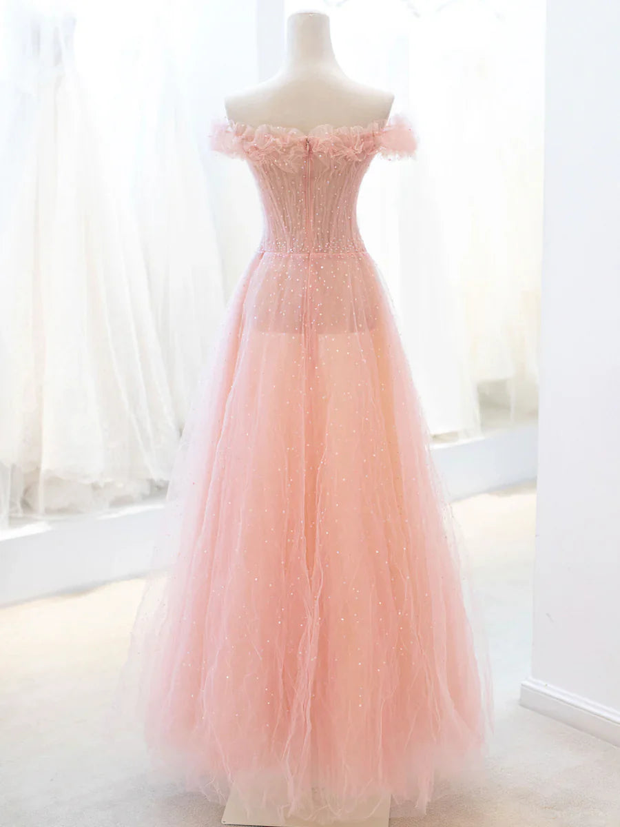 Vestido de fiesta largo de tul rosa con lentejuelas, corte A, precioso vestido de noche TP447
