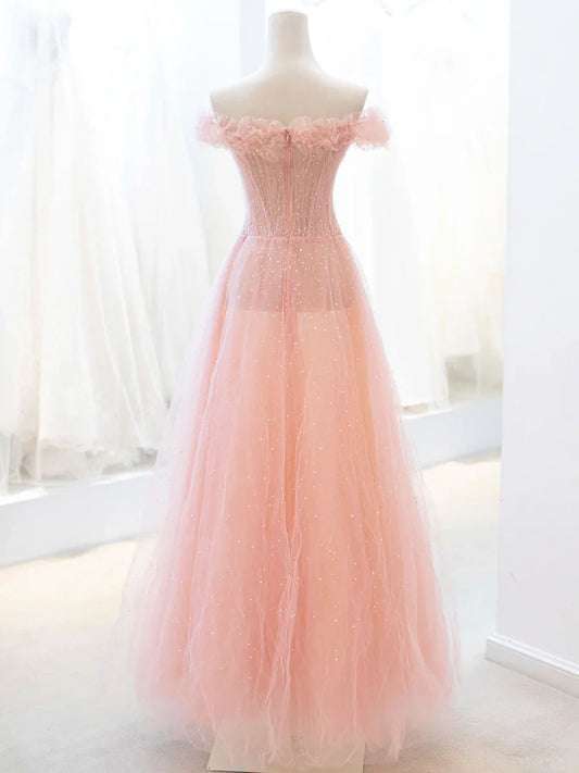 Vestido de fiesta largo de tul rosa con lentejuelas, corte A, precioso vestido de noche TP447