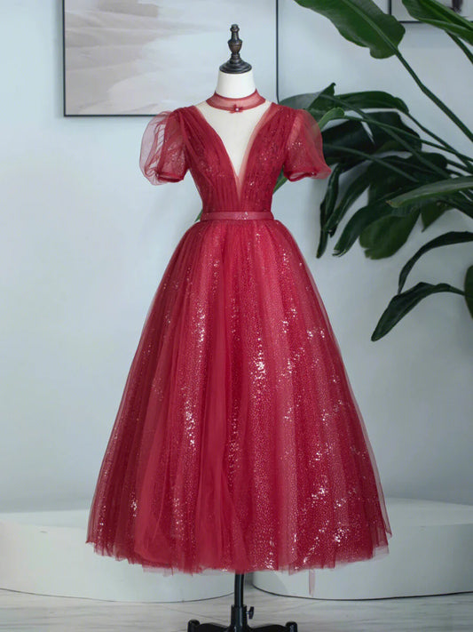 Vestido de fiesta de tul burdeos con lentejuelas, largo hasta la rodilla, corte A, TP448