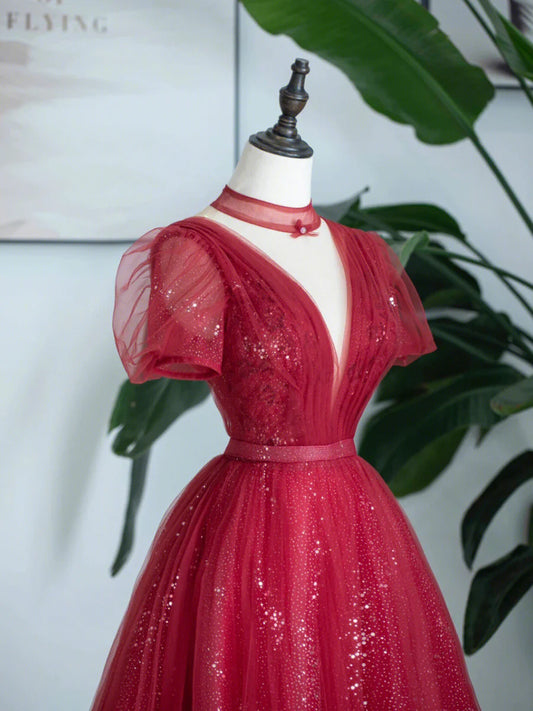 Vestido de fiesta de tul burdeos con lentejuelas, largo hasta la rodilla, corte A, TP448