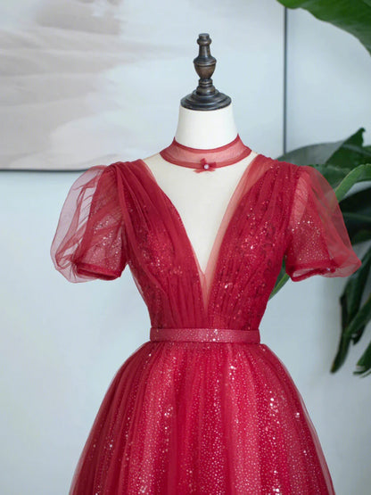 Vestido de fiesta de tul burdeos con lentejuelas, largo hasta la rodilla, corte A, TP448