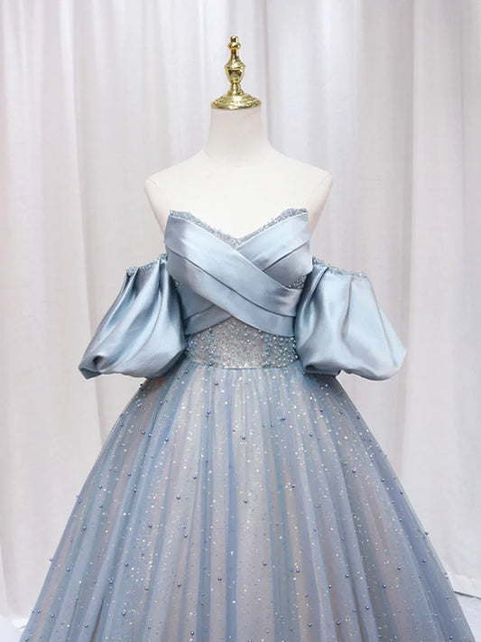 Blue Puff Sleeve Long A-Line Prom Dress, Off the Shoulder Formal Evening Dress TP449