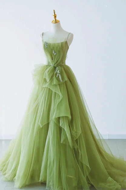 Green Spaghetti Strap Tulle Long Formal Evening Dress, Green A-Line Prom Dress TP450