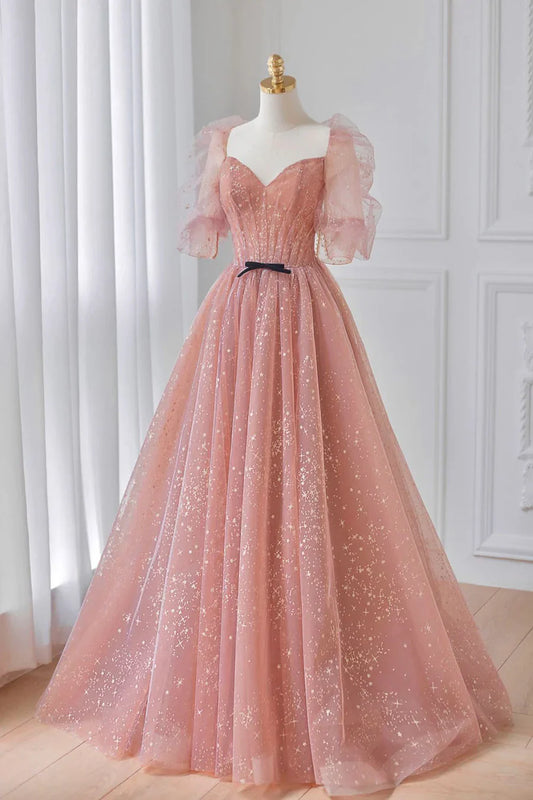 Vestido de fiesta de tul rosa hasta el suelo, precioso vestido de fiesta de graduación de manga corta TP452