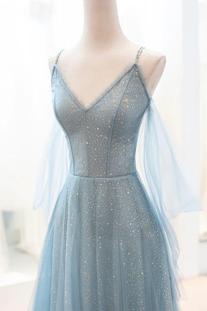 Blue Spaghetti Strap Tulle Long Prom Dress, V-Neck Evening Party Dress TP453