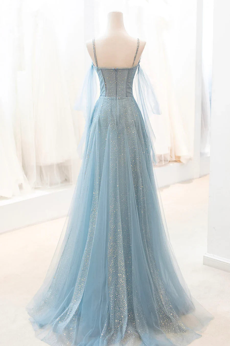 Blue Spaghetti Strap Tulle Long Prom Dress, V-Neck Evening Party Dress TP453
