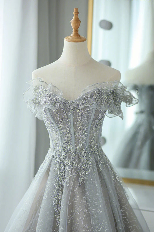 Gray Tulle Sequins Long Prom Dress, Off the Shoulder Evening Dress TP455
