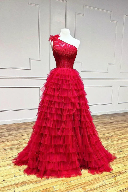 Vestidos de fiesta largos de tul rojo con encaje y un solo hombro TP457