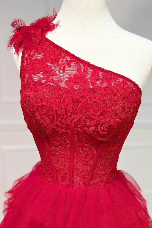 Vestidos de fiesta largos de tul rojo con encaje y un solo hombro TP457