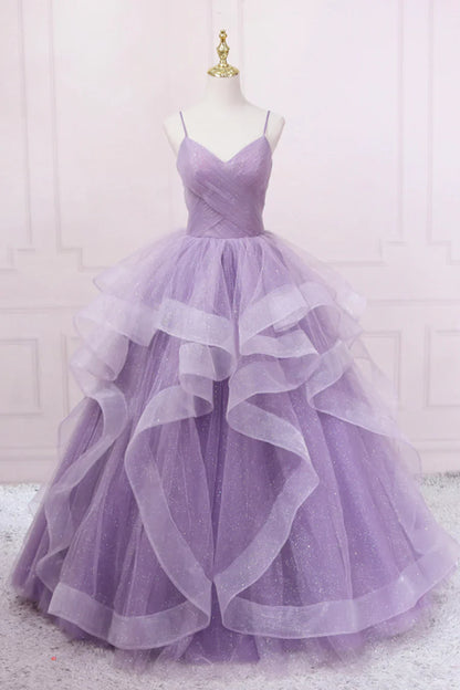 Vestido de fiesta largo de tul morado, corte A, tirantes finos, TP458