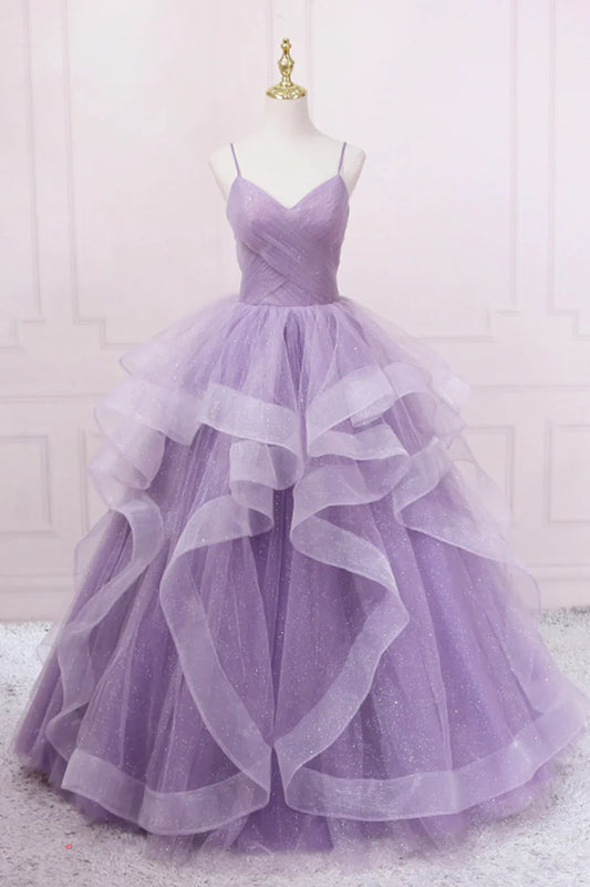 Vestido de fiesta largo de tul morado, corte A, tirantes finos, TP458