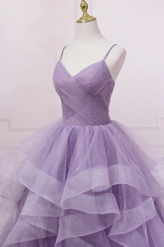 Vestido de fiesta largo de tul morado, corte A, tirantes finos, TP458