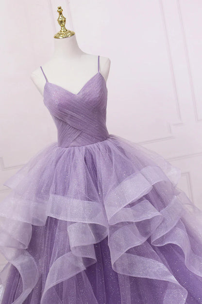 Vestido de fiesta largo de tul morado, corte A, tirantes finos, TP458